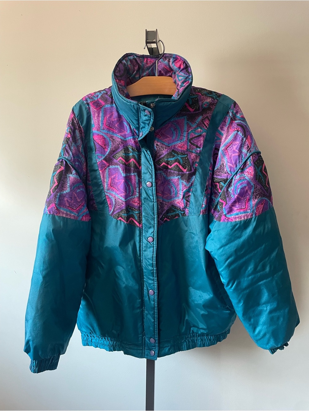 Vintage 80s 90s Action Gem Ski Jacket Teal Purple Graphic Colorblock Puffer